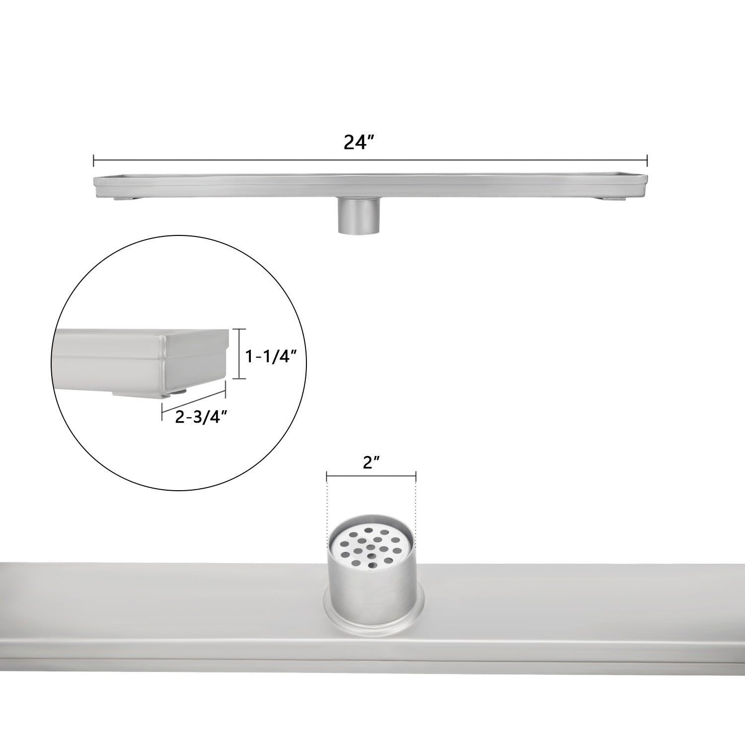 24 Inch Linear Shower Floor Drain and Drain Base with Rubber Gasket