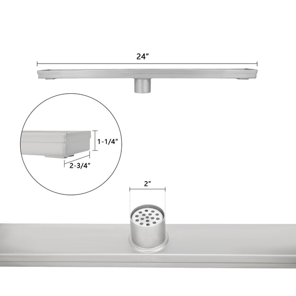 24 Inch Linear Shower Floor Drain and Drain Base with Rubber Gasket