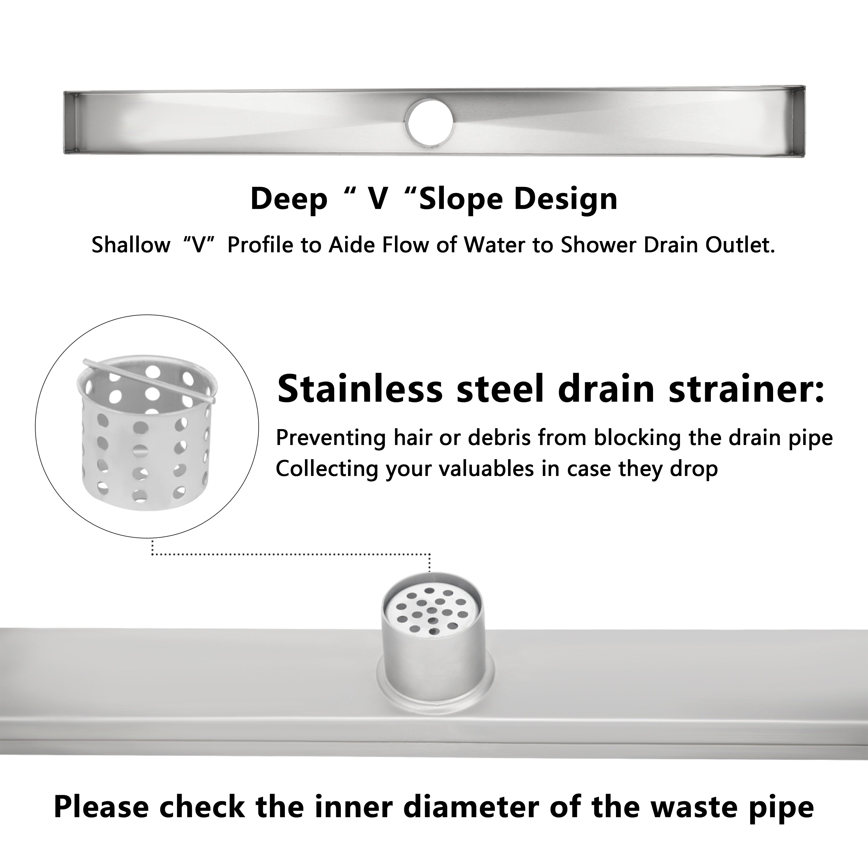 24 Inch Linear Shower Floor Drain and Drain Base with Rubber Gasket