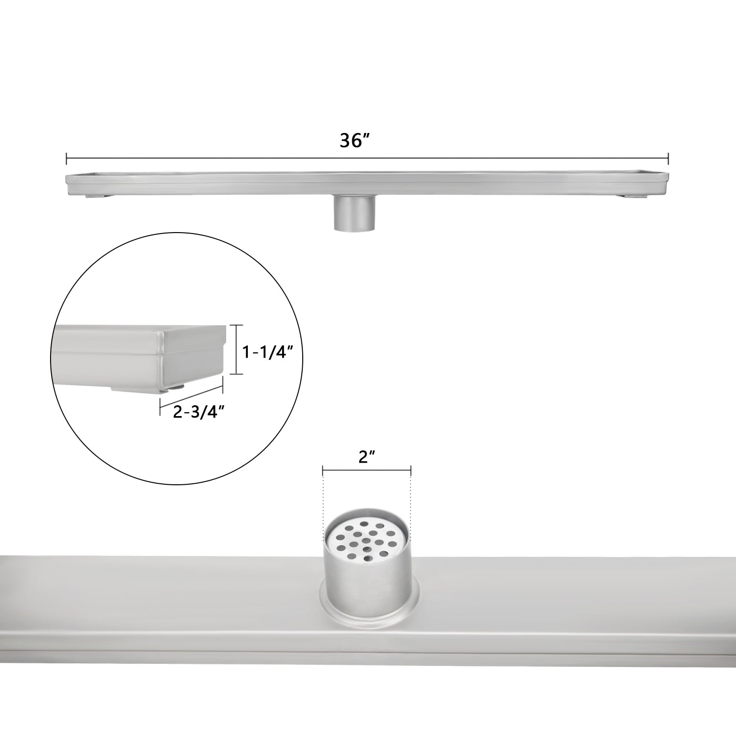 36 Inch Brushed Stainless Steel Linear Shower Drain Mission Style and Drain Base with Rubber Gasket