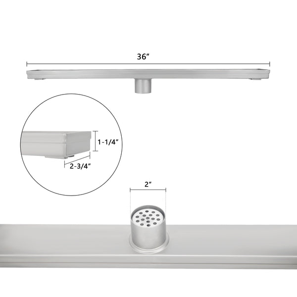 36 Inch Brushed Stainless Steel Linear Shower Drain Mission Style and Drain Base with Rubber Gasket
