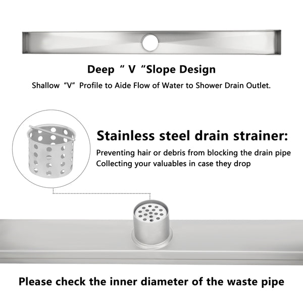 24 Inch Linear Floor Drain with SS Drain Cover Blind Style and Linear Drain Base with Rubber Gasket