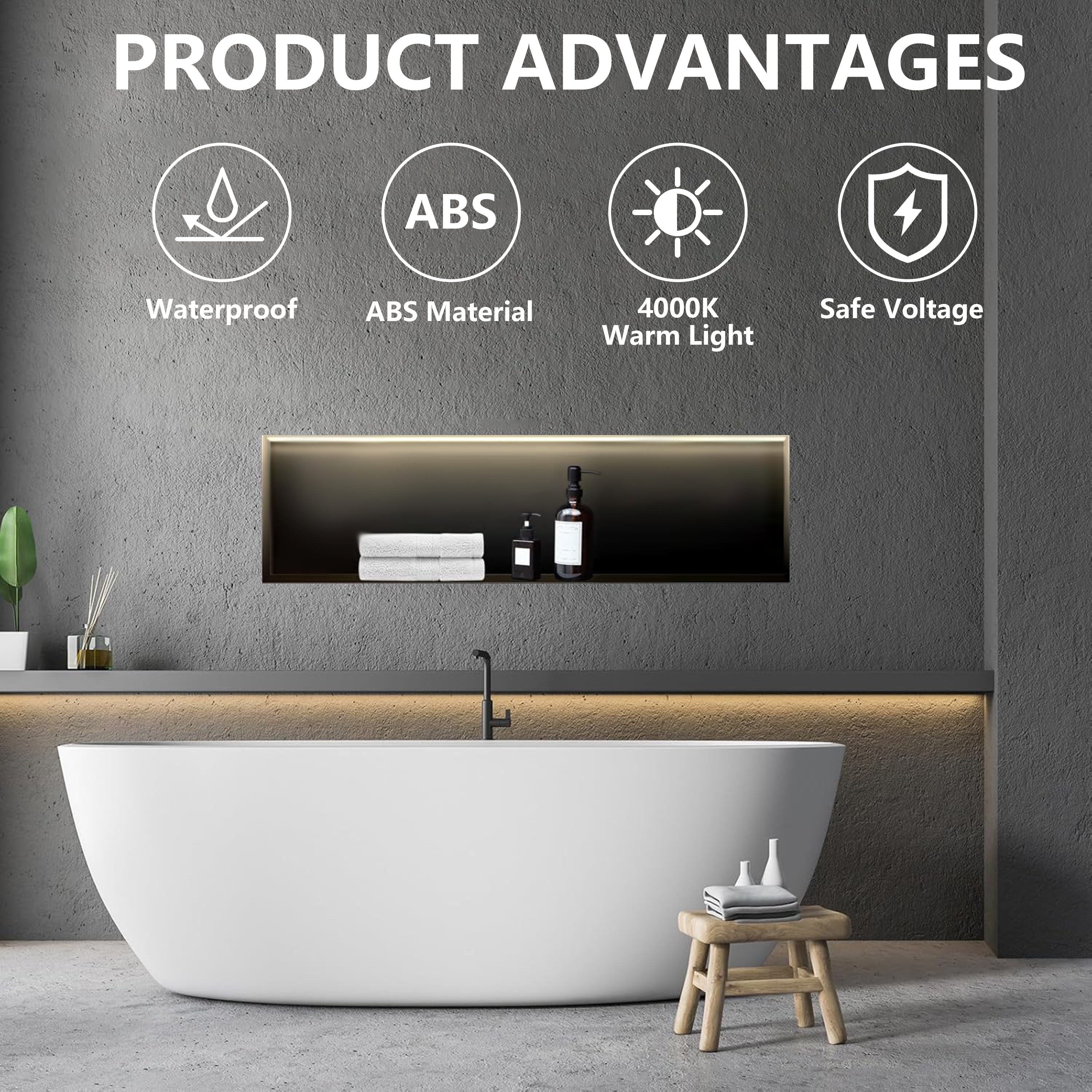 Matte Black Waterproof LED Shower Niche with Slope Drainage – ABS Built-In Recessed Bathroom Wall Shelf