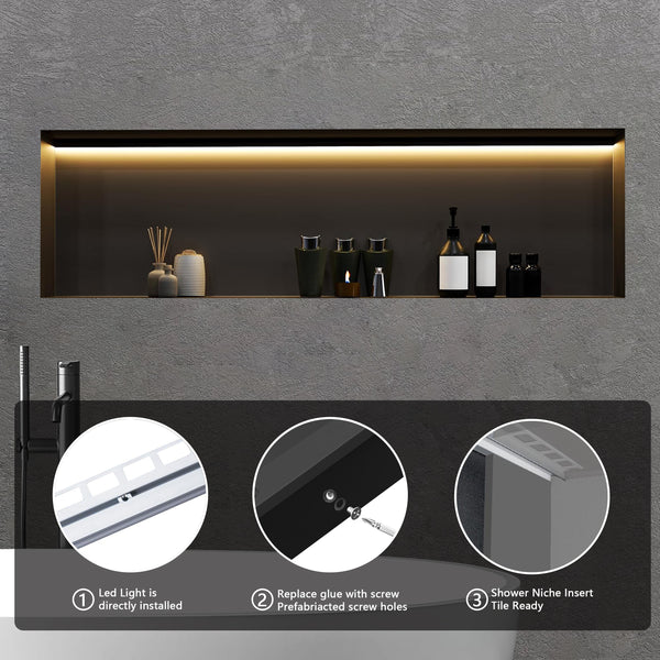 Matte Black Waterproof LED Shower Niche with Slope Drainage – ABS Built-In Recessed Bathroom Wall Shelf