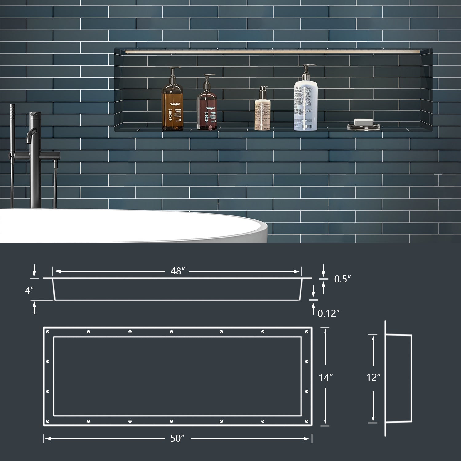 Matte Black Waterproof LED Shower Niche with Slope Drainage – ABS Built-In Recessed Bathroom Wall Shelf