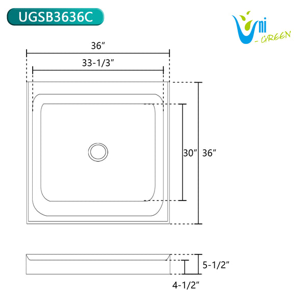 Acrylic Shower Base 36"W x 36"D x 5.5"H – Non-Slip, Center Drain, 3 Walls