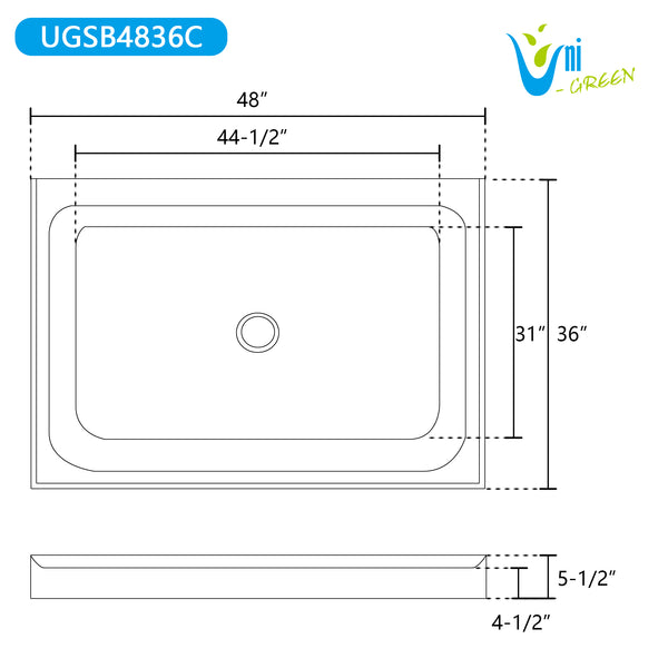 Acrylic Shower Base 48X36X5-1/2in Single Threshold and Center Drain in White