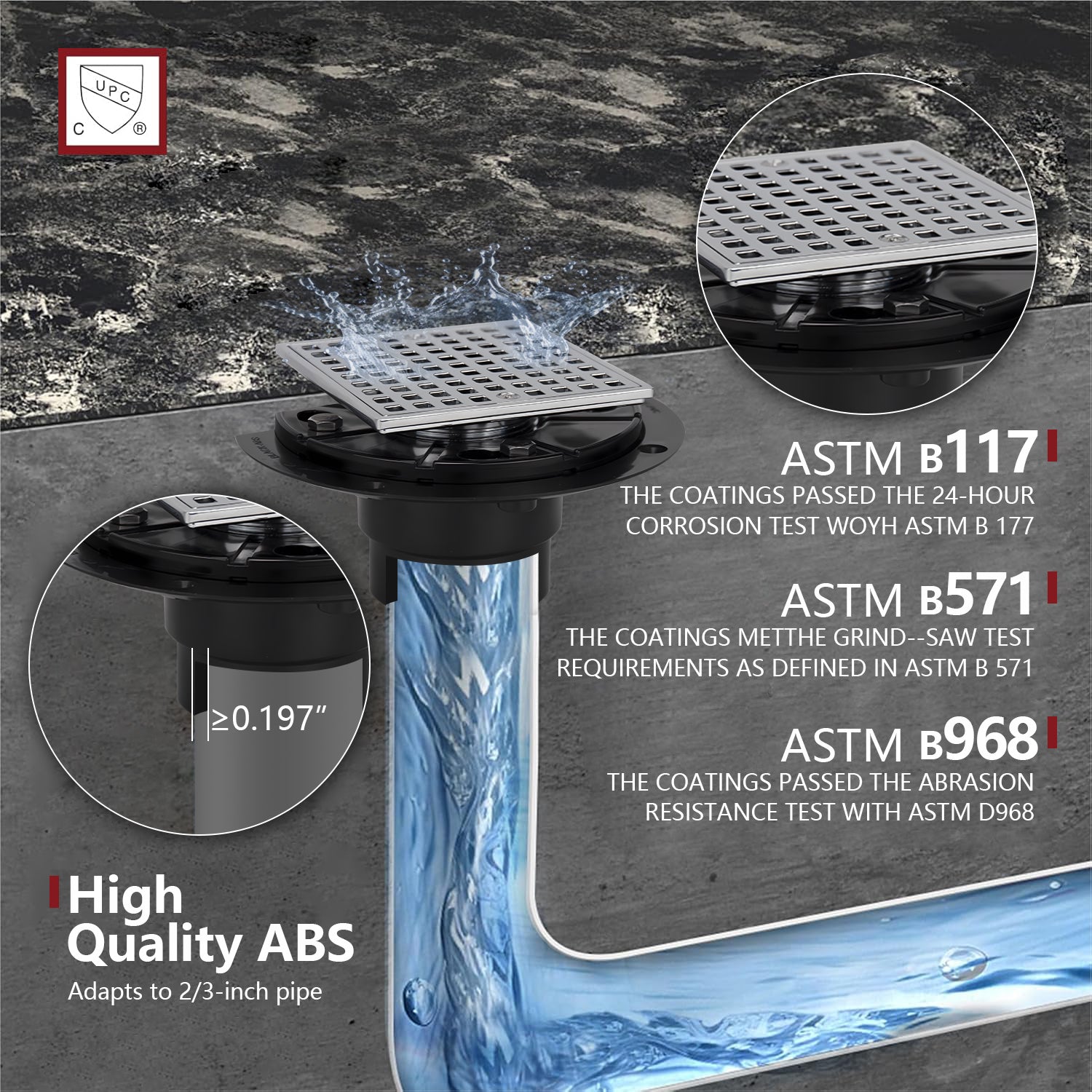 4-1/4 Square Design Tile In Shower Drain, Chromed for Low Profile Shower Pan     UGSD002-B