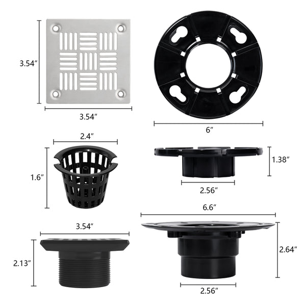 Square Shower Drain for Low Profile Show Pan Drain, ABS Construction Neo Style