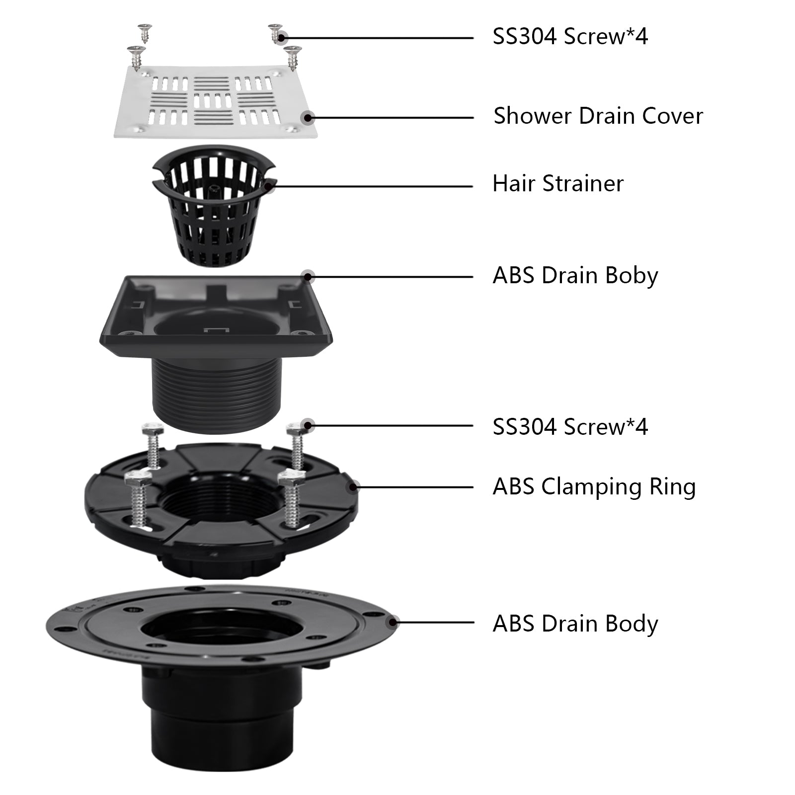 Square Shower Drain for Low Profile Show Pan Drain, ABS Construction Neo Style