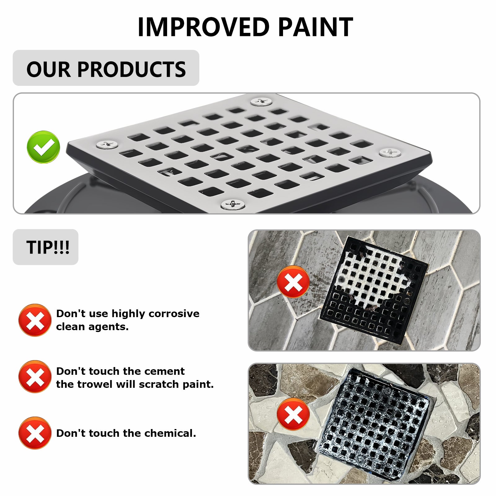 ABS Square Shower Drain for Low Profile Shower Drain with SS 304 Grating Different Patterns
