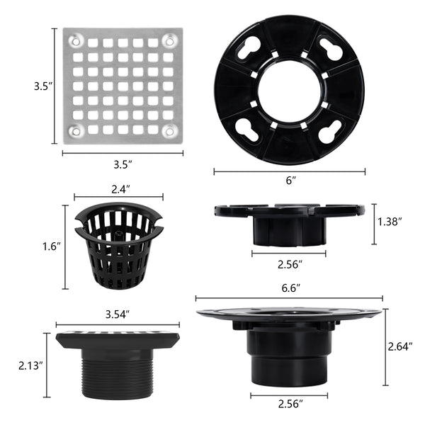 ABS Square Shower Drain for Low Profile Shower Drain with SS 304 Grating Different Patterns