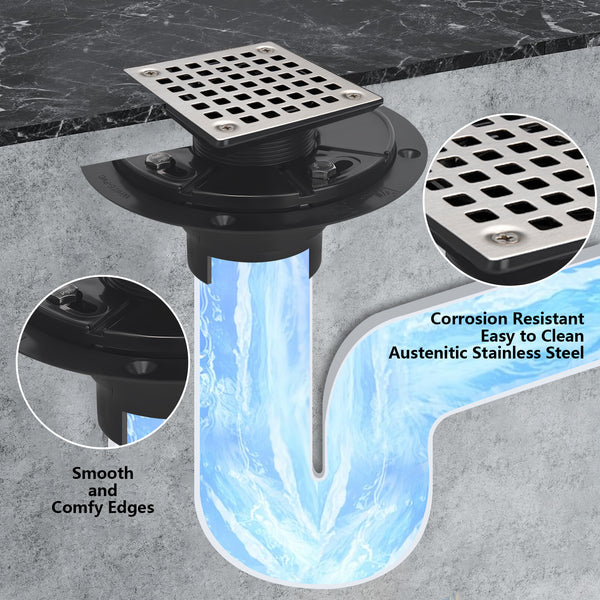 ABS Square Shower Drain for Low Profile Shower Drain with SS 304 Grating Different Patterns