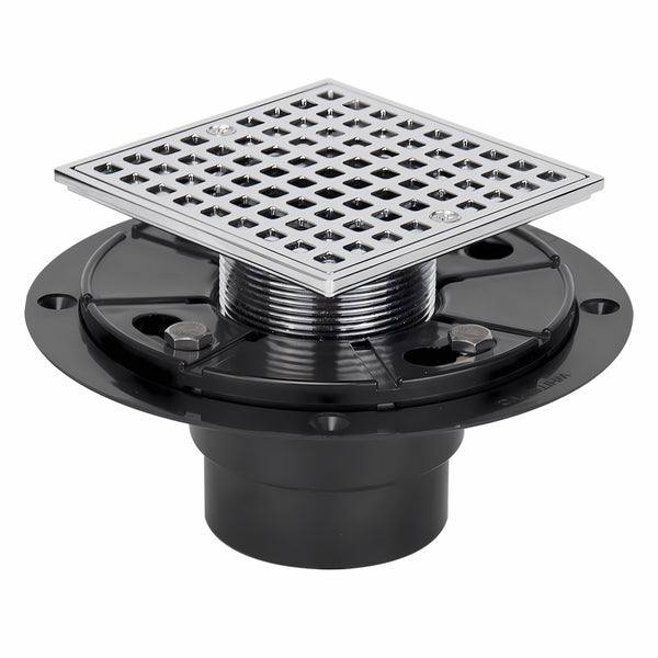 4-1/4" Square Shower Floor Drain with Flange, Stainless Steel in Chrome Plate
