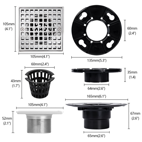 4-1/4" Square Shower Floor Drain with Flange, Stainless Steel in Chrome Plate