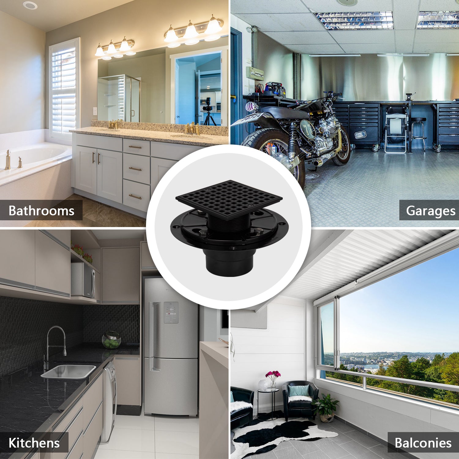 4-1/4 Square Shower Drain, Matte Black Strainer with Hair Catcher UGSD002-MB