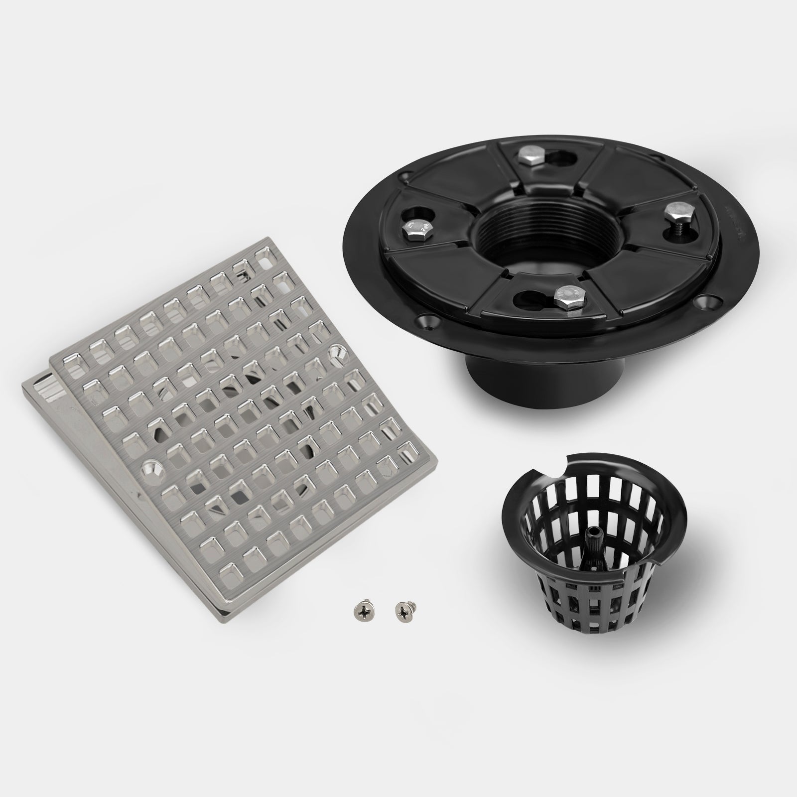 4-1/4 Inch Square Brushed Nickel Shower Drain Kit with ABS Flange for 2 or 3 Inch Pipe