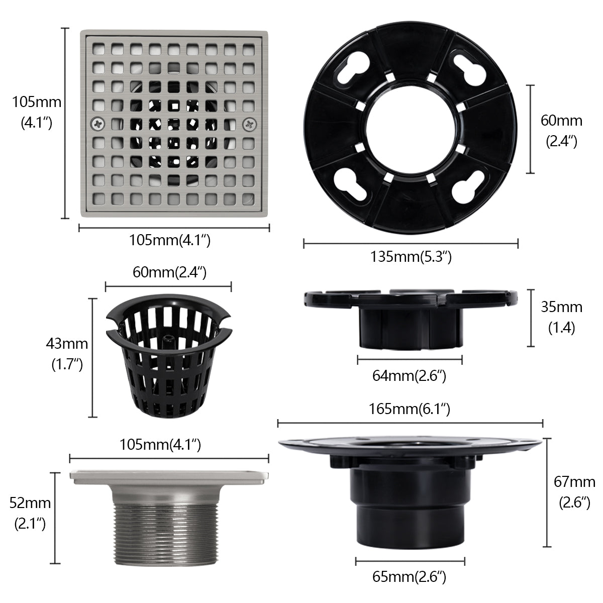 4-1/4 Inch Square Brushed Nickel Shower Drain Kit with ABS Flange for 2 or 3 Inch Pipe