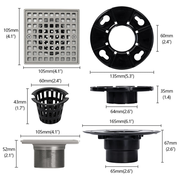 4-1/4 Inch Square Brushed Nickel Shower Drain Kit with ABS Flange for 2 or 3 Inch Pipe