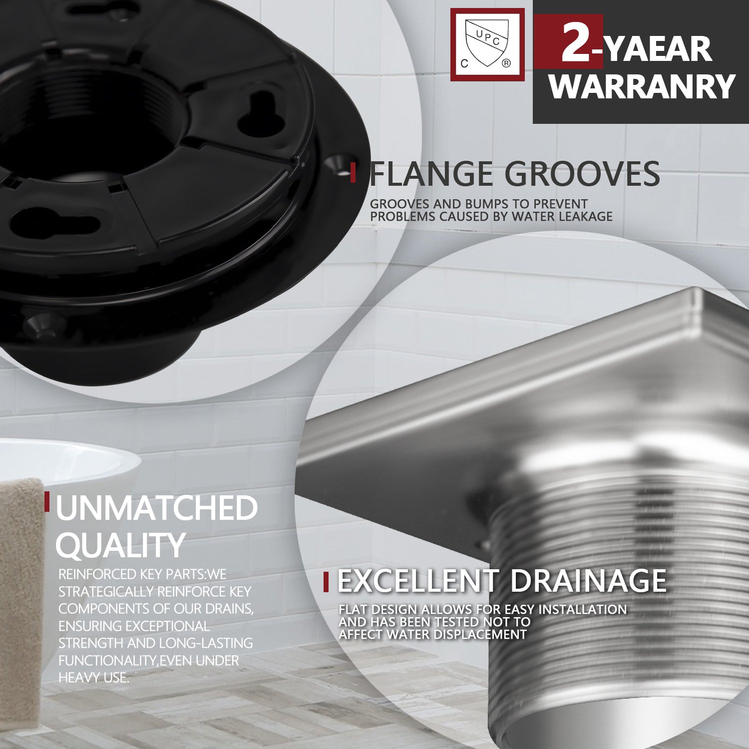 4-1/4 Inch Square Brushed Nickel Shower Drain Kit with ABS Flange for 2 or 3 Inch Pipe