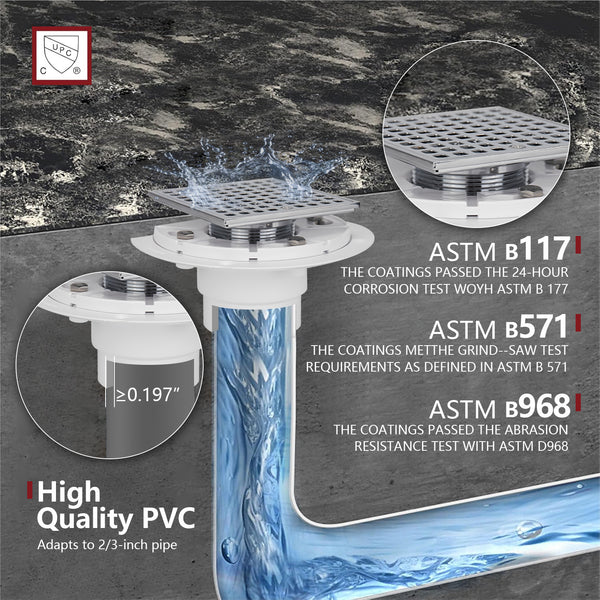 4-1/4" Plastic Floor Shower Drain With Square Drain Grate Chrome Plated UGSD002-PVC