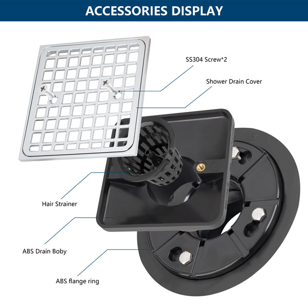 Square Tile-In Floor Drain With SS304 Strainer For Bathroom Chrome Plated UGSD003-ABS