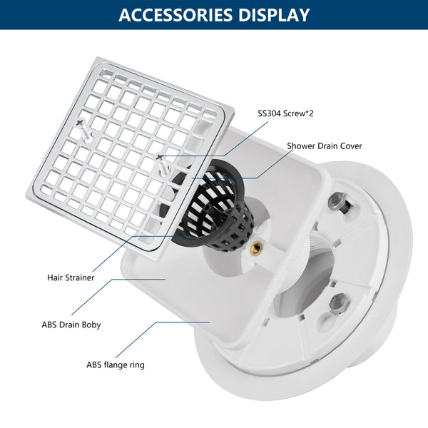 4-1/2" Tile In Shower Floor Drain Square Design and Height Adjustable, Chrome Plated, PVC Material UGSD003