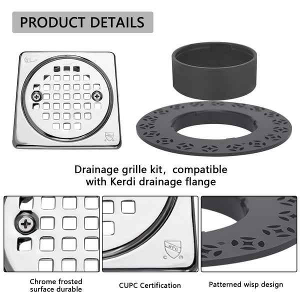 4 Inch Chrome Shower Drain Kit with Integrated Bonding Flange, Compatible with Schluter Shower Pan and Kit for 2 or 3 Inch Pipe