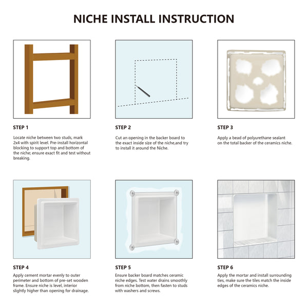Ceramic Recessed Shower Niche (One-Piece Open Design) – Space-Saving Storage for Small Bathrooms, Freely Arrange Items