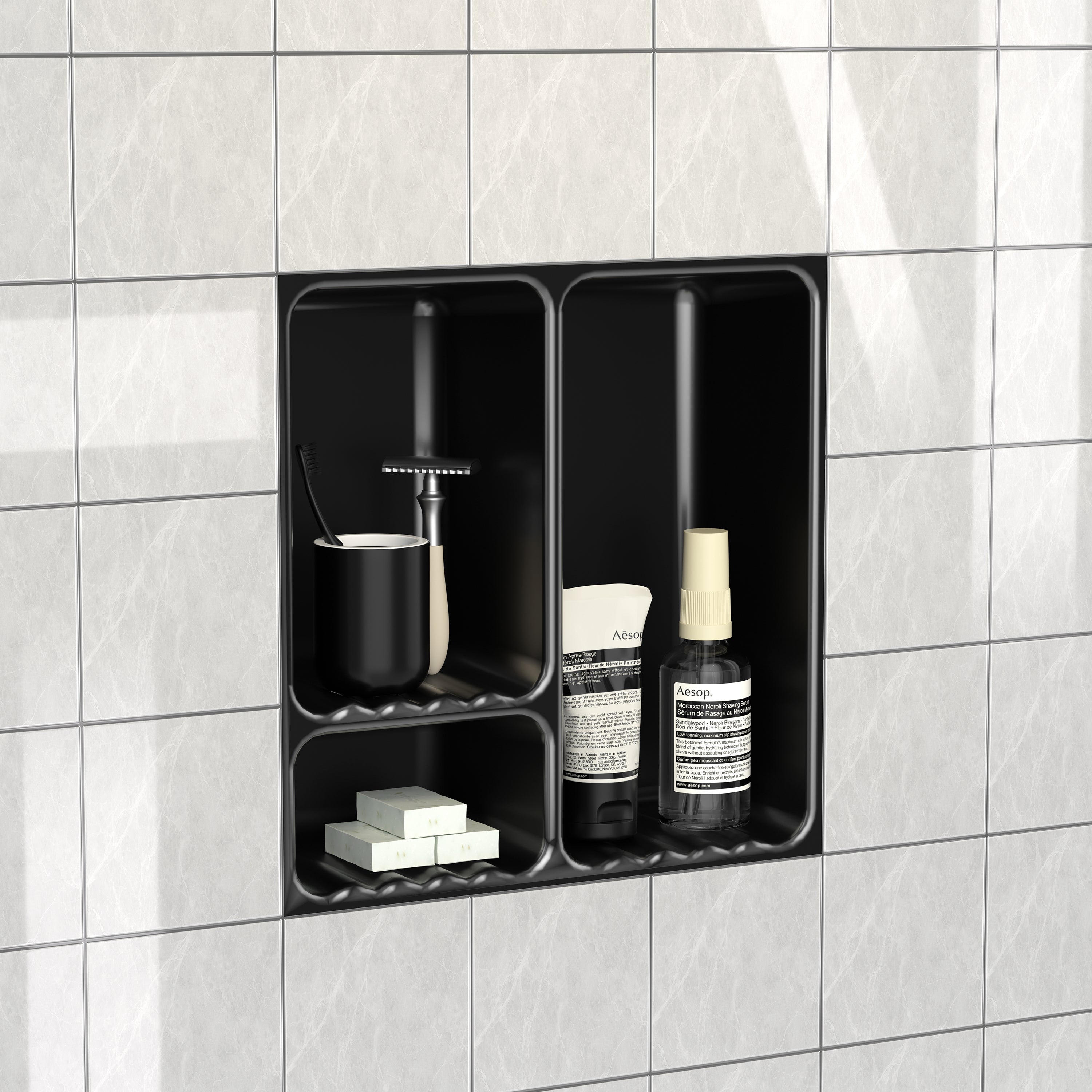 Ceramic Shower Niche, 3-Compartment Storage, High-Glaze Surface, Easy to Clean and Resists Dirt Build-Up