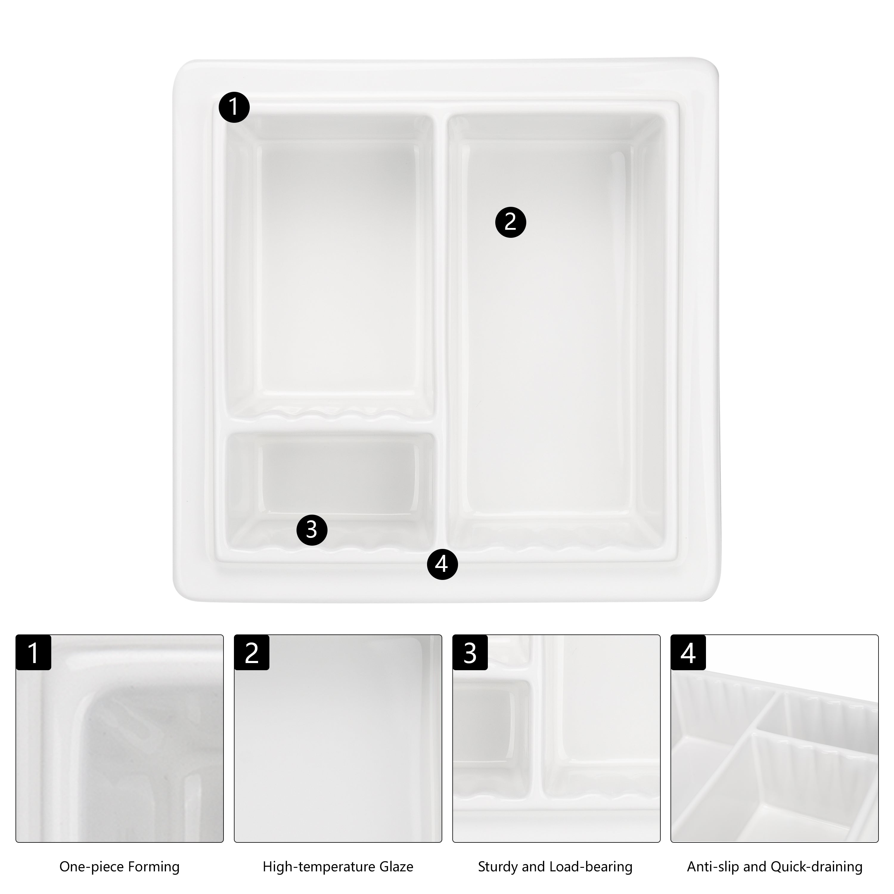 Ceramic Shower Niche, 3-Compartment Storage, High-Glaze Surface, Easy to Clean and Resists Dirt Build-Up
