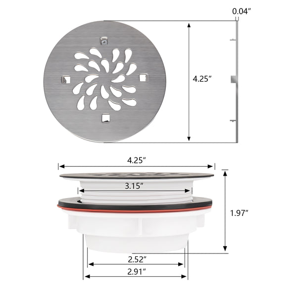 4-1/4 Inch Round Shower Base Drain – No Caulk ABS Compression Design, Fits 2" Pipe, Brushed Nickel Finish