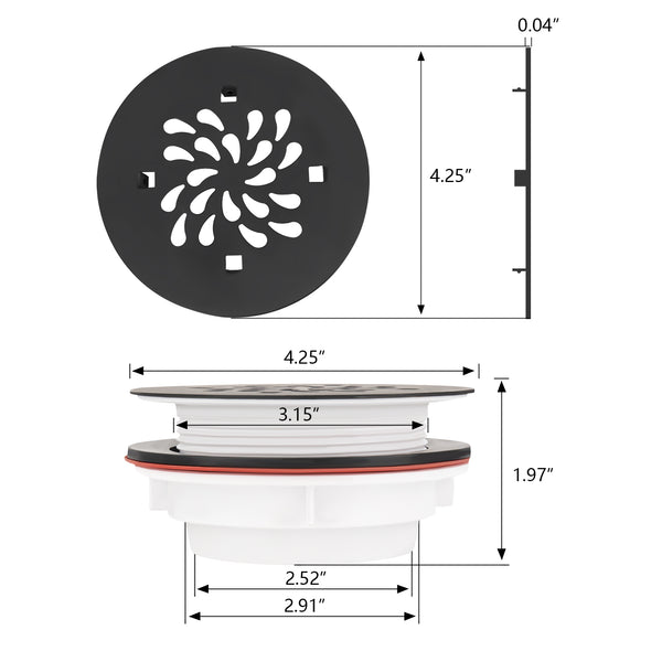 No Caulk 4-1/4 Inch Round Matte Black Shower Drain – ABS Compression Design for 2" Pipe, Ideal for Acrylic Shower Bases