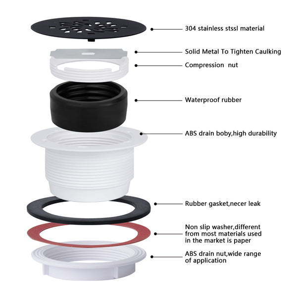 Shower Drain Matte Black No Caulk for Fiberglass /Acrylic Shower Base for 2" Pipe   UGTD002-MB