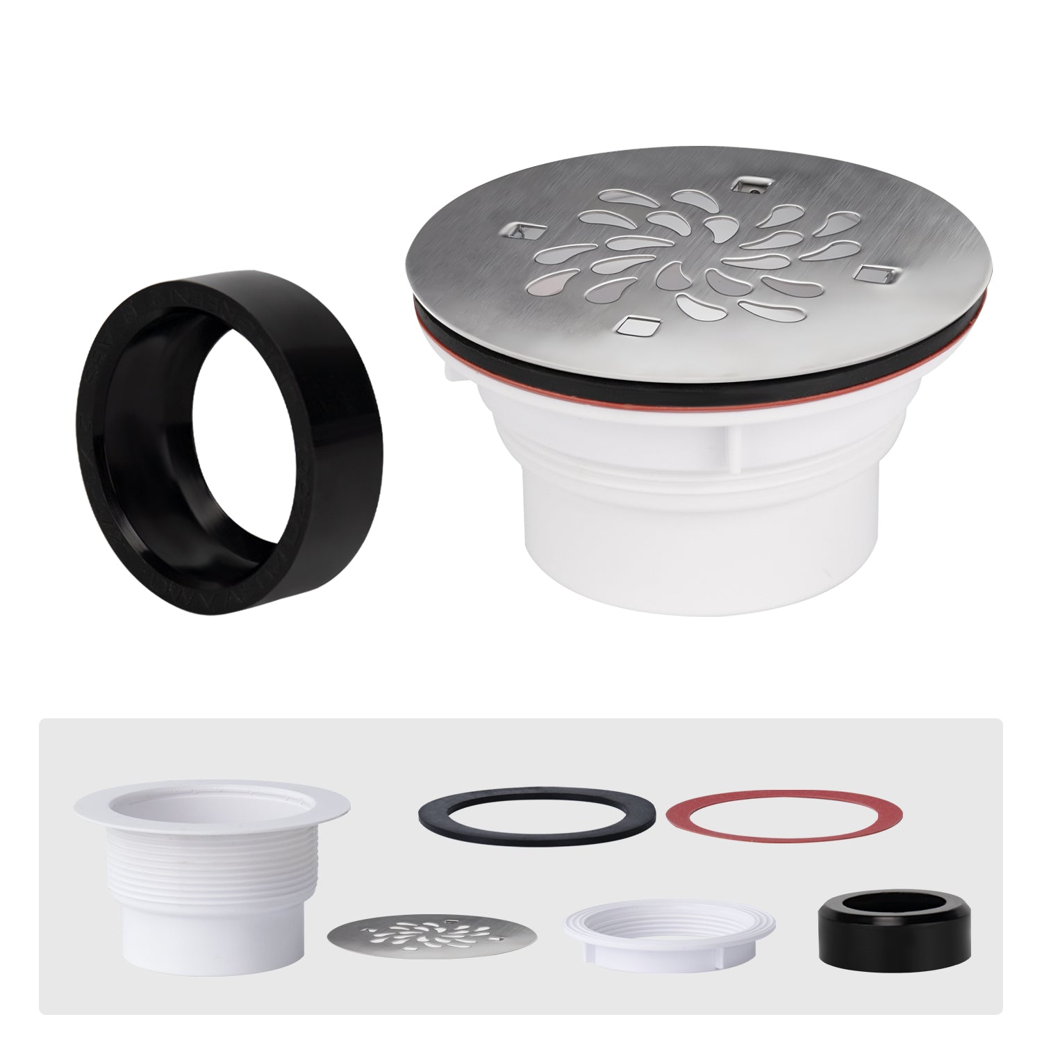 Brushed Nickel Round Shower Base Drain, 4-1/4 Inch, Solvent Weld Mount, Fits Standard 1.5-Inch & 2-Inch Plumbing Pipes