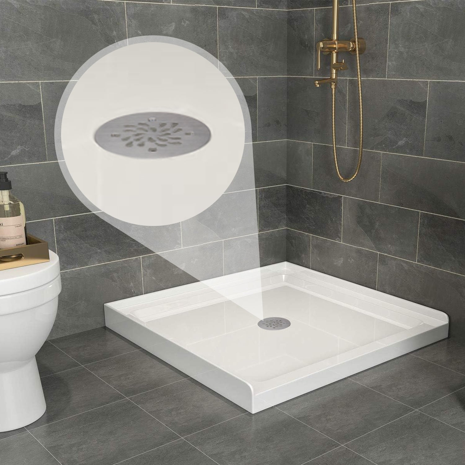 Brushed Nickel Round Shower Base Drain, 4-1/4 Inch, Solvent Weld Mount, Fits Standard 1.5-Inch & 2-Inch Plumbing Pipes