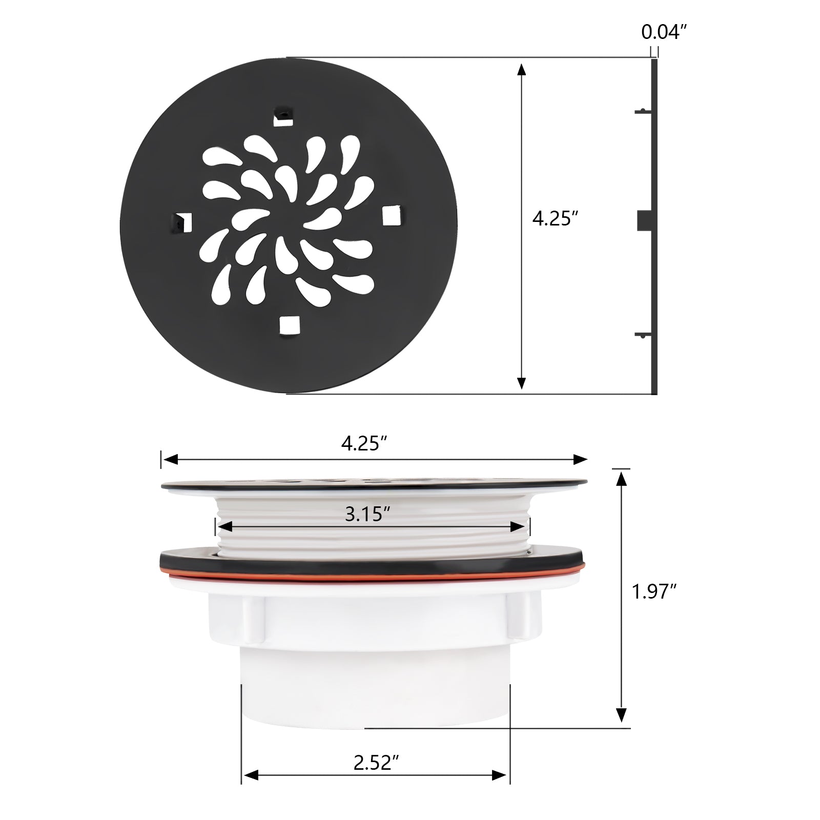 Matte Black 4-1/4 Inch Round Shower Base Drain – Solvent Welded to Fit 1.5