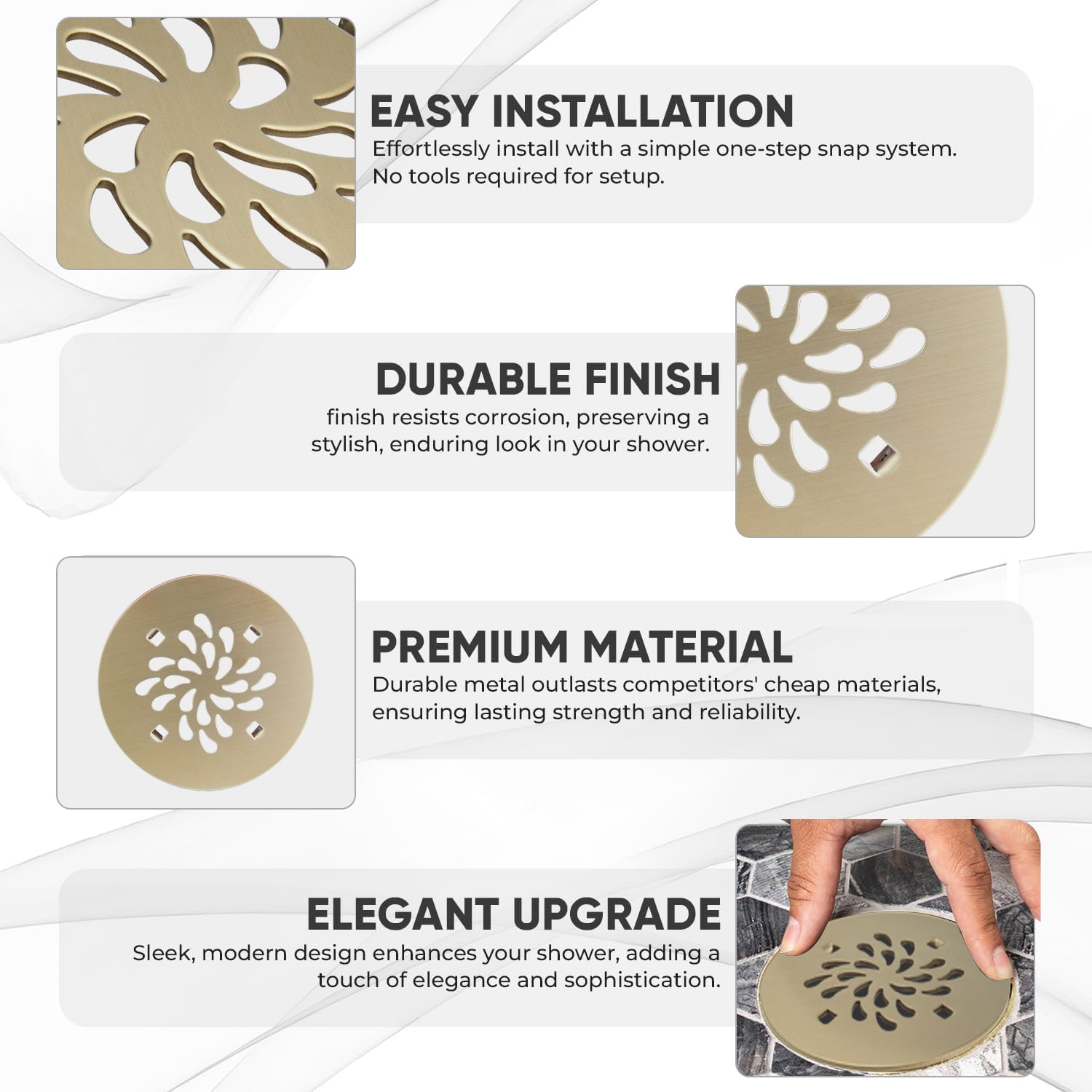 4-1/4 Inch Round No Caulk Shower Base Drain in Champagne Bronze – ABS Compression Design Fits 2