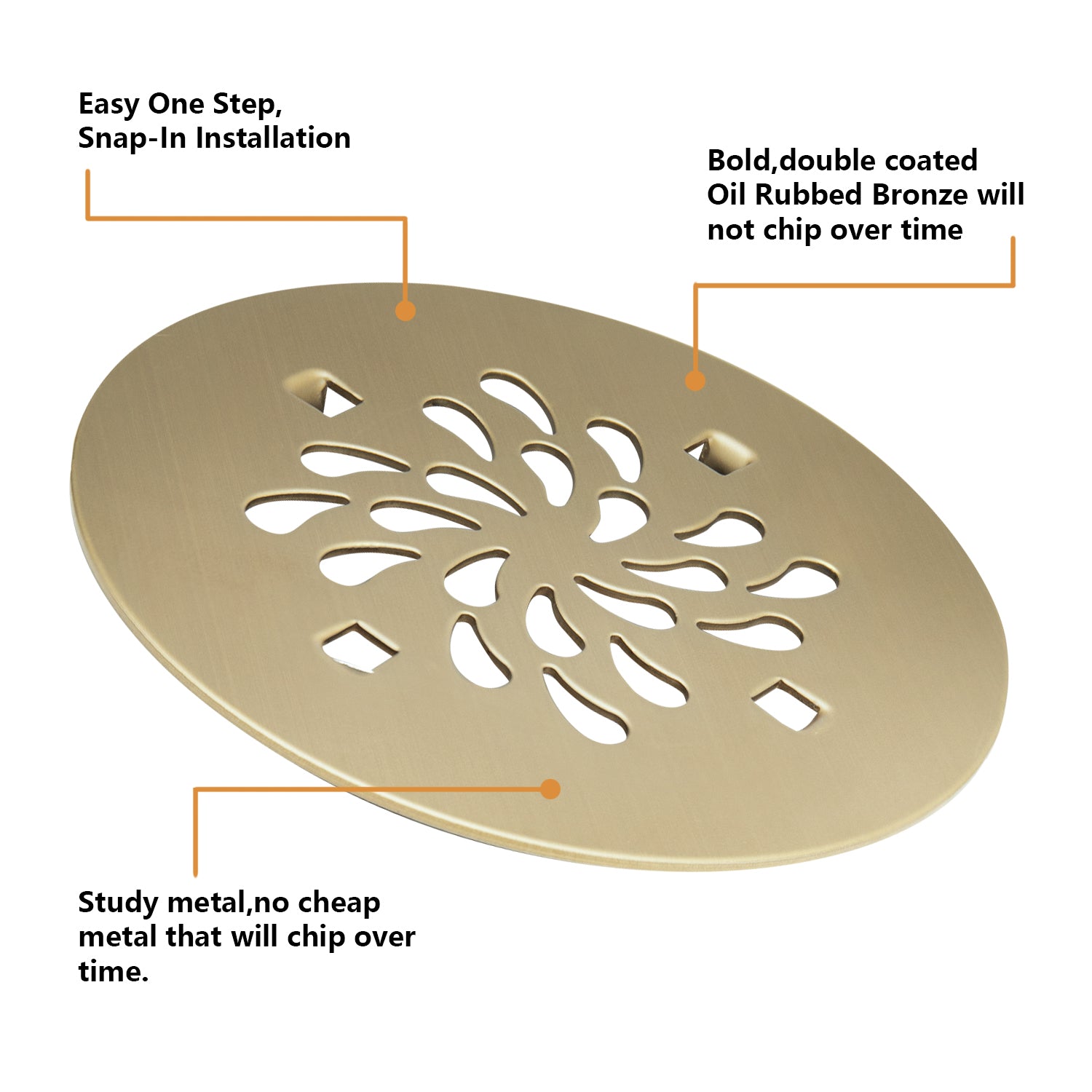 4-1/4 Inch Round No Caulk Shower Base Drain in Champagne Bronze – ABS Compression Design Fits 2