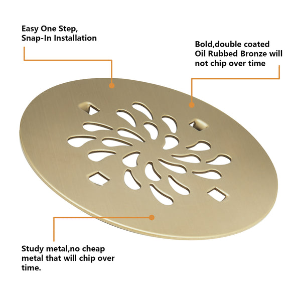 4-1/4 Inch Round No Caulk Shower Base Drain in Champagne Bronze – ABS Compression Design Fits 2" Pipe for Acrylic Shower Base