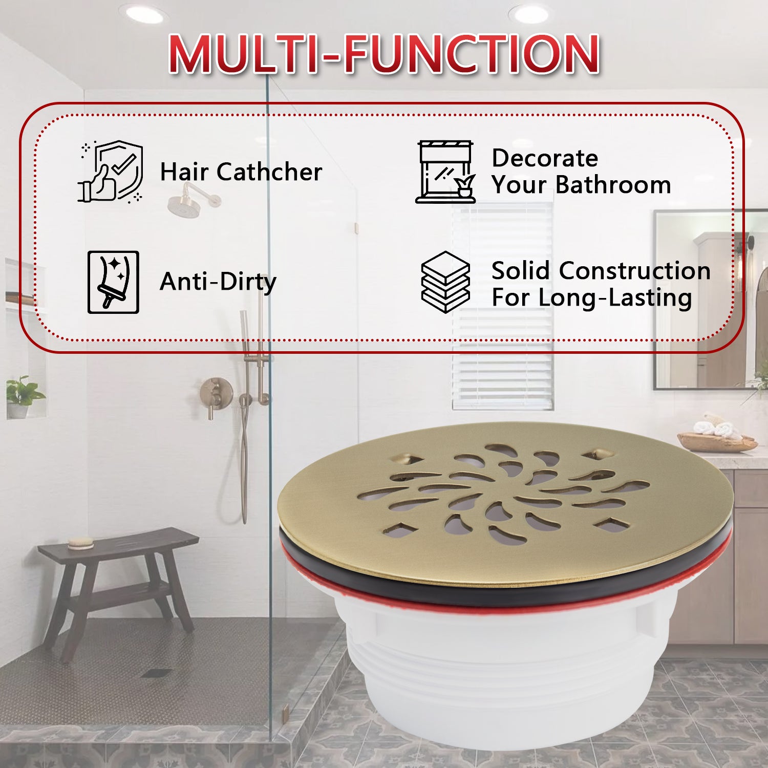 4-1/4 Inch Round No Caulk Shower Base Drain in Champagne Bronze – ABS Compression Design Fits 2