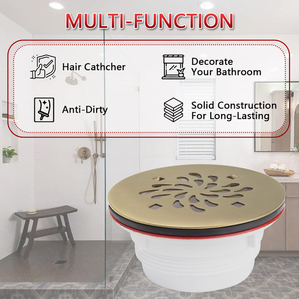 4-1/4 Inch Round No Caulk Shower Base Drain in Champagne Bronze – ABS Compression Design Fits 2" Pipe for Acrylic Shower Base