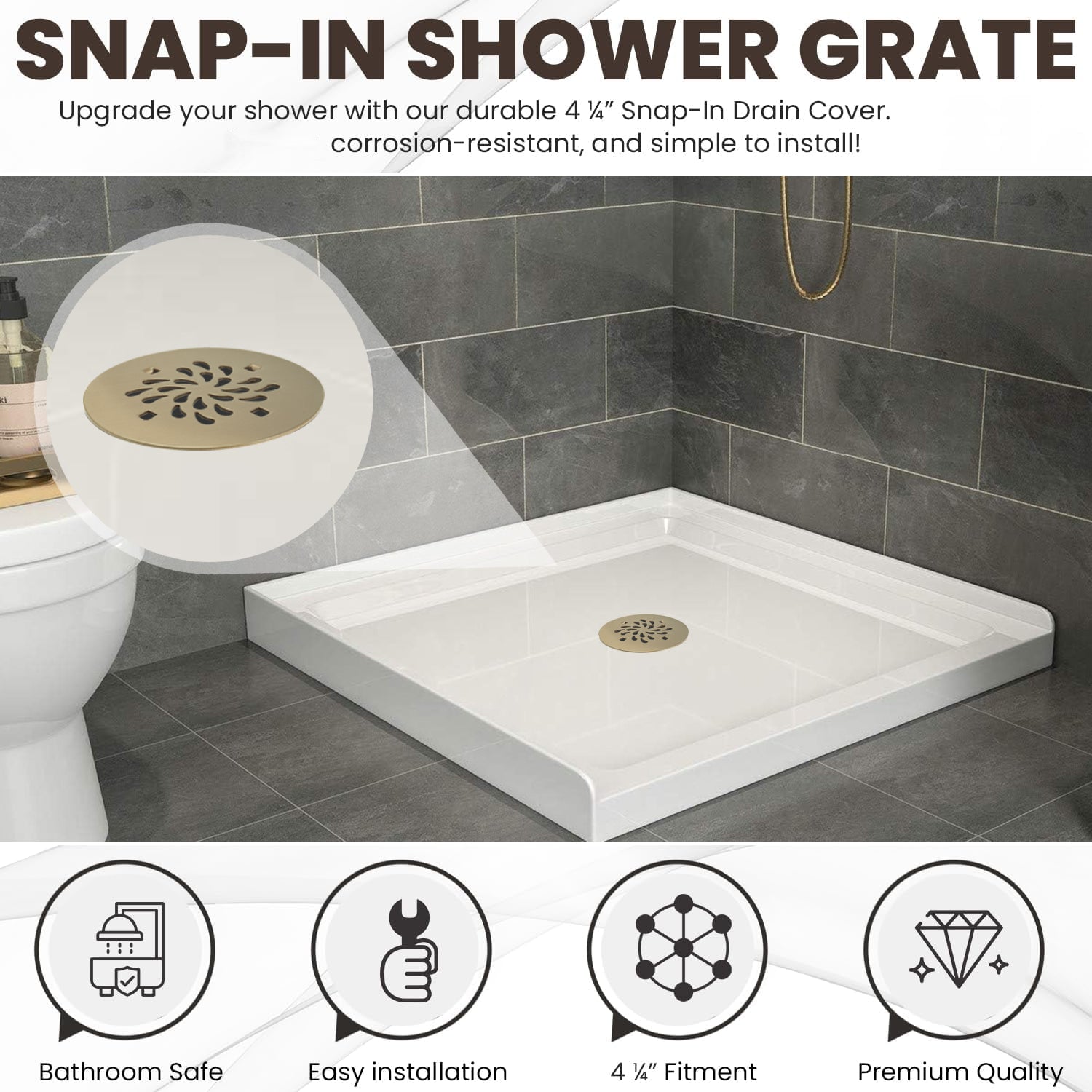 4-1/4 Inch Round No Caulk Shower Base Drain in Champagne Bronze – ABS Compression Design Fits 2