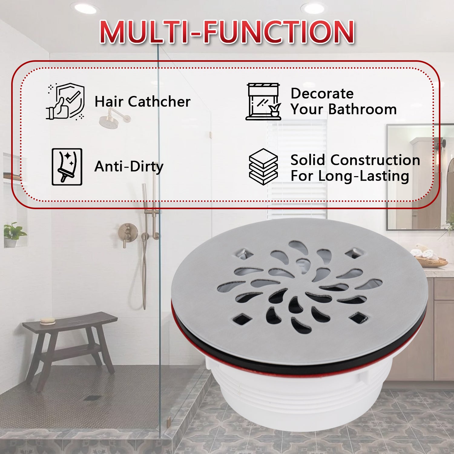 4-1/4 Inch Round Shower Base Drain – No Caulk ABS Compression Design, Fits 2
