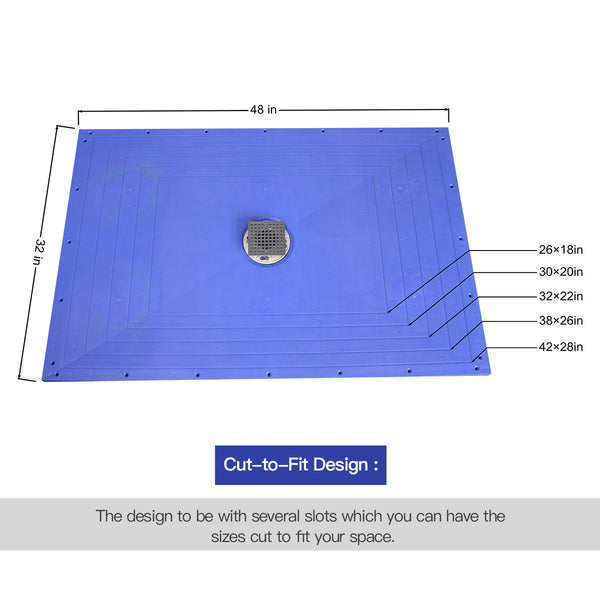 Curbless Ready to Tile Shower Pan/Base Cut-to-Fit  48"X32" ABS Material with Fibreglass Reinforced