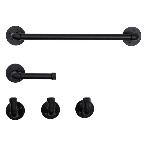 Industrial Pipe Towel Bar 18”, and 5 PCS Bathroom Hardware Sets Including Toilet Paper Holder, 3 pcs Robe Hooks in Matte Black Finish.