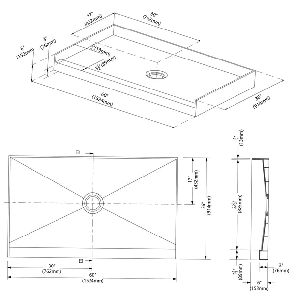 Shower Pan Ready to Tile 60X36in with Single Curb and Center Drain