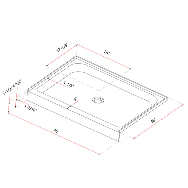 Acrylic Shower Base 48X36X5-1/2in Single Threshold and Center Drain in White