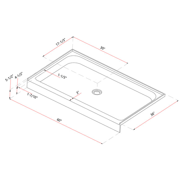 Acrylic Shower Base 60X36X5-1/2in Single Threshold and Center Drain in White