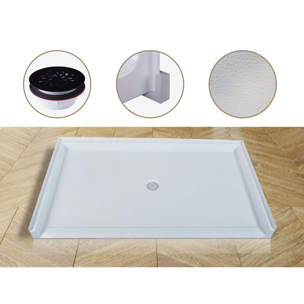 Curbless Acrylic Shower Base 62X36 in | Barrier Free Shower Base with Center Drain in White Color